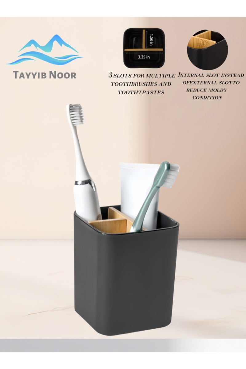 TAYYIB NOOR Bamboo Toothbrush Holder for Bathrooms, 3 Slots Toothbrush and Toothpaste Holder Bathroom Counter Organizer for Electric Toothbrushes, Floss, Razors - Black - Image 1