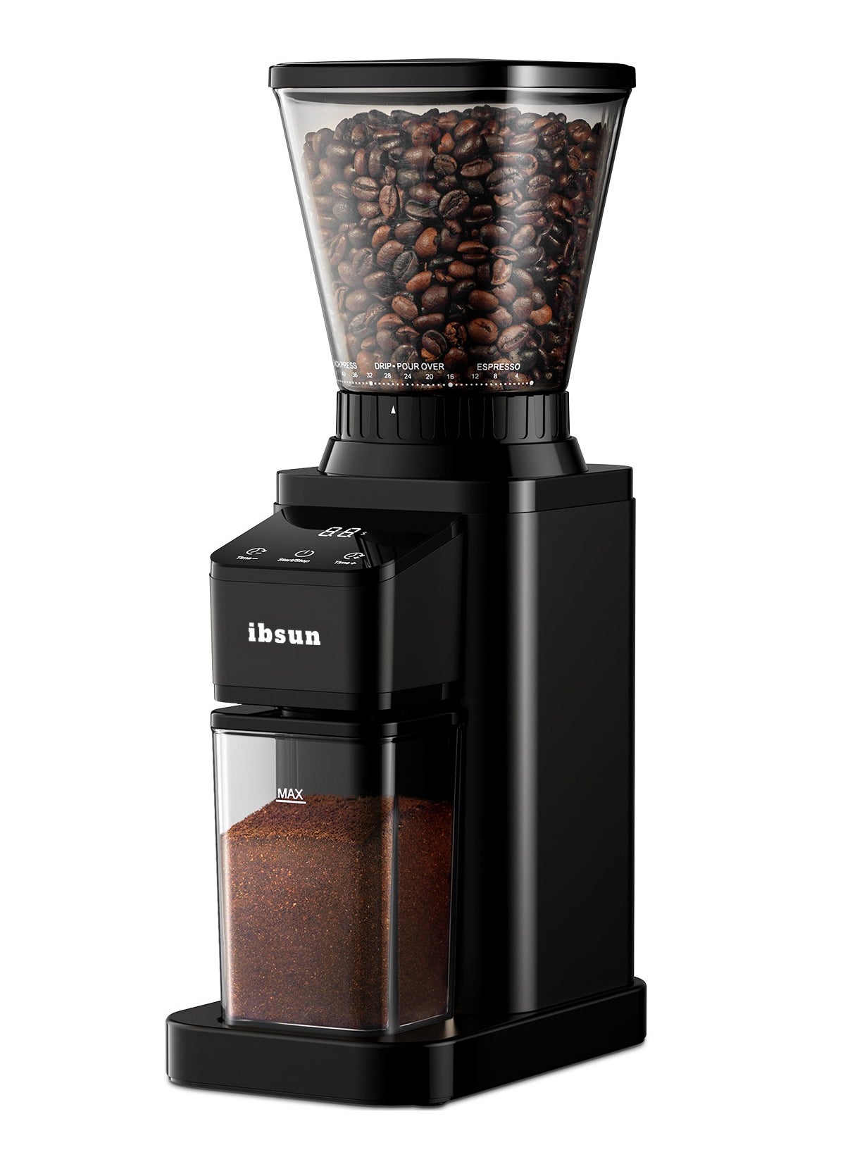 ibsun Conical Burr Coffee Grinder Electric with Electronic Precision Timer, Coffee Bean Grinder with Adjustable 48 Precise Grind Settings for Home Use, Touch Screen, Anti-static, 