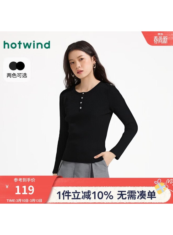 Hotwind Women's New Slim Fit Round Neck College Style Henley Knit Sweater - Image 1