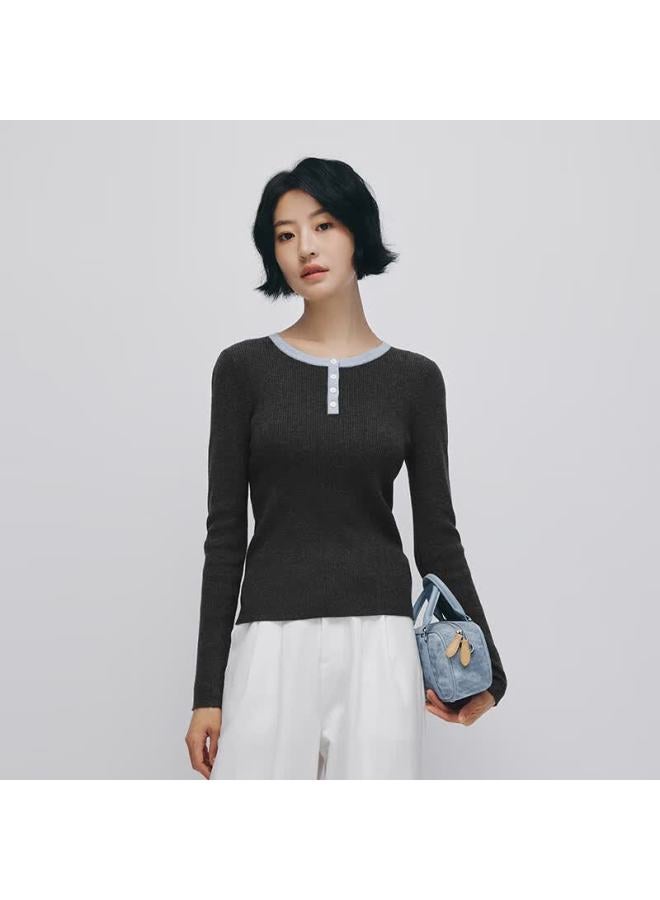 Hotwind Women's New Slim Fit Round Neck College Style Henley Knit Sweater - Image 2