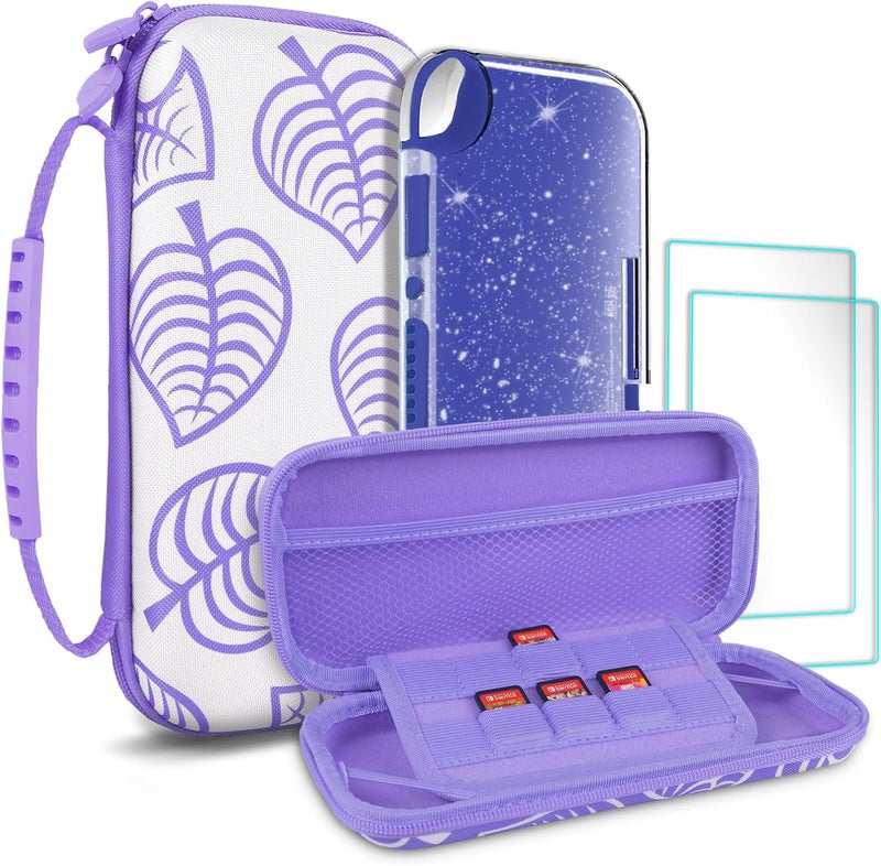 TIKOdirect Carrying Case for Switch lite, Shockproof Portable Travel Bag with Glitter Galaxy case, Screen Protectors and Cute Leaf Thumb Grips Caps, Leaf Purple - Image 1