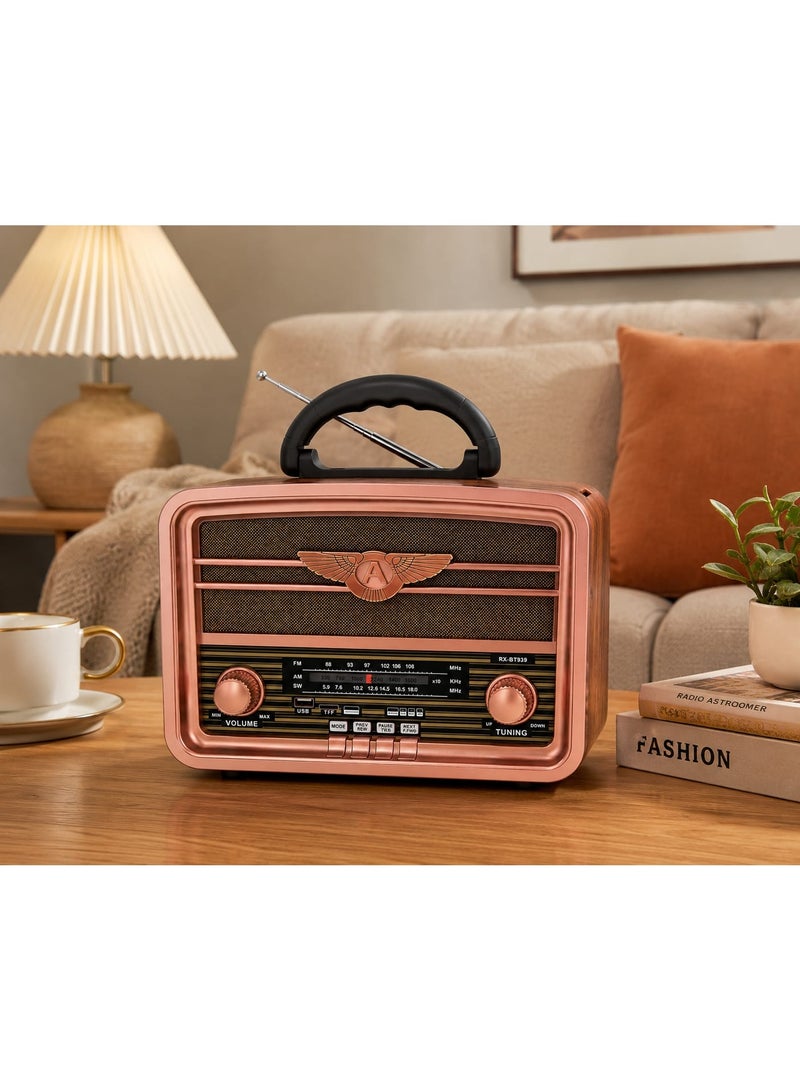 راديو محمول بتصميم كلاسيكي ريترو RX-BT939 - راديو FM/AM/SW مع بطارية قابلة للشحن، يدعم تشغيل USB وTF Card، تصميم أنيق مع مقبض للحمل - مثالي للمنزل والسفر. - Image 4