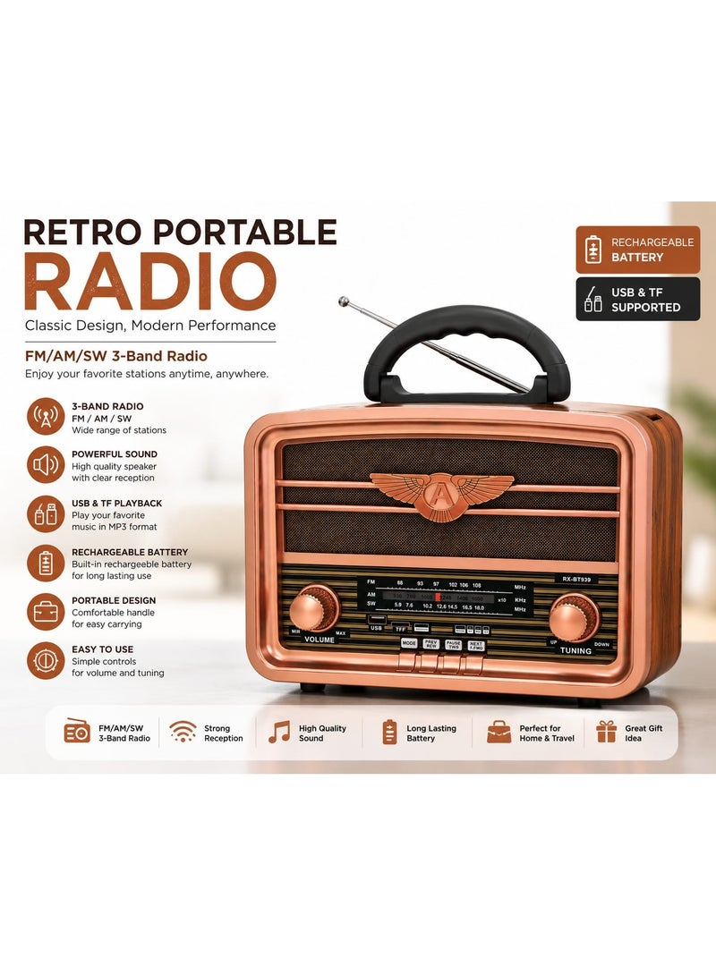 راديو محمول بتصميم كلاسيكي ريترو RX-BT939 - راديو FM/AM/SW مع بطارية قابلة للشحن، يدعم تشغيل USB وTF Card، تصميم أنيق مع مقبض للحمل - مثالي للمنزل والسفر. - Image 2