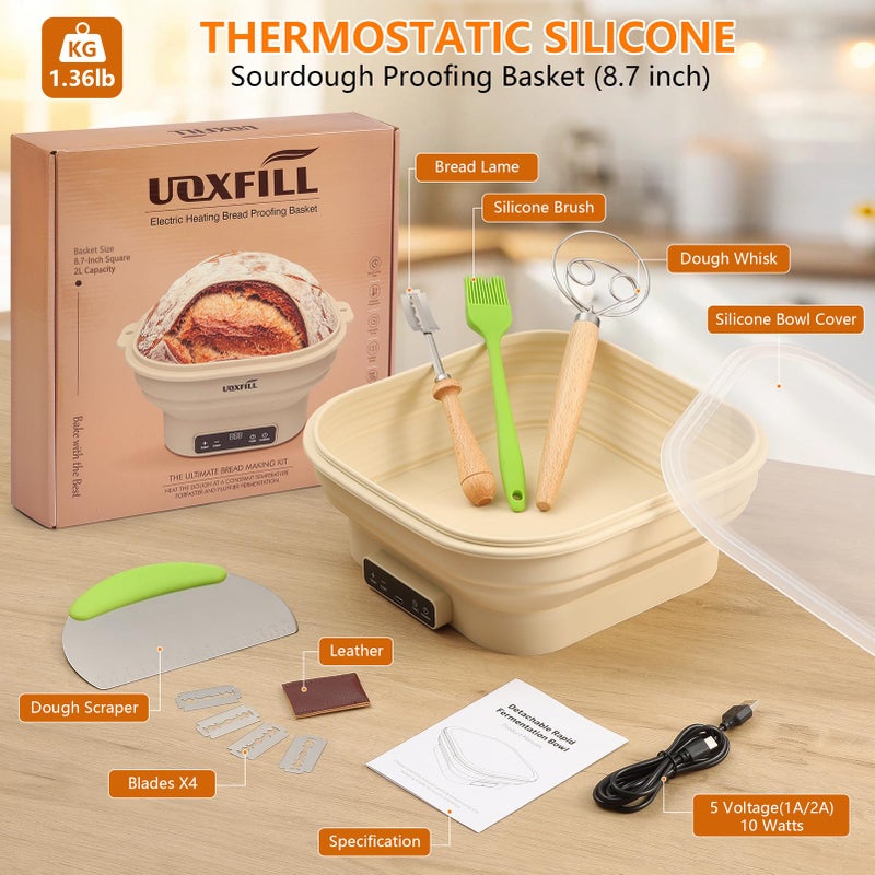 Uoxfill Upgrade Heating Sourdough Bread Proofing Basket Set, Electric Thermostatic Silicone banneton bread proofing basket,Sourdough bread baking supplies,8.7 Inch Square Foldable Sourdough Proofing Bowl - Image 3