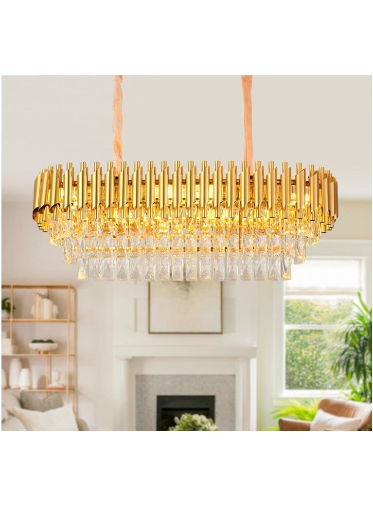 المفتاحة ثريا كريستال ذهبية فاخرة - مصباح سقف بيضاوي حديث لغرفة الطعام وغرفة المعيشة وغرفة النوم - لمسة نهائية ذهبية أنيقة مع مناشير كريستالية شفافة، تركيبات تعليق قابلة لتعديل الارتفاع - Image 1