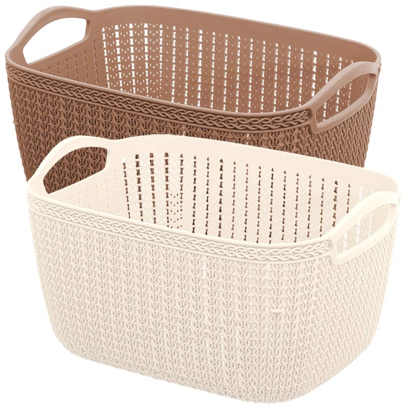 Kuber Industries Kuber Industries Unbreakable Plastic 2 Pieces Multipurpose Large Size Flexible Storage Baskets/Fruit Vegetable Bathroom Stationary Home Basket with Handles (Brown & Cream) -CTLTC37847 - Image 1