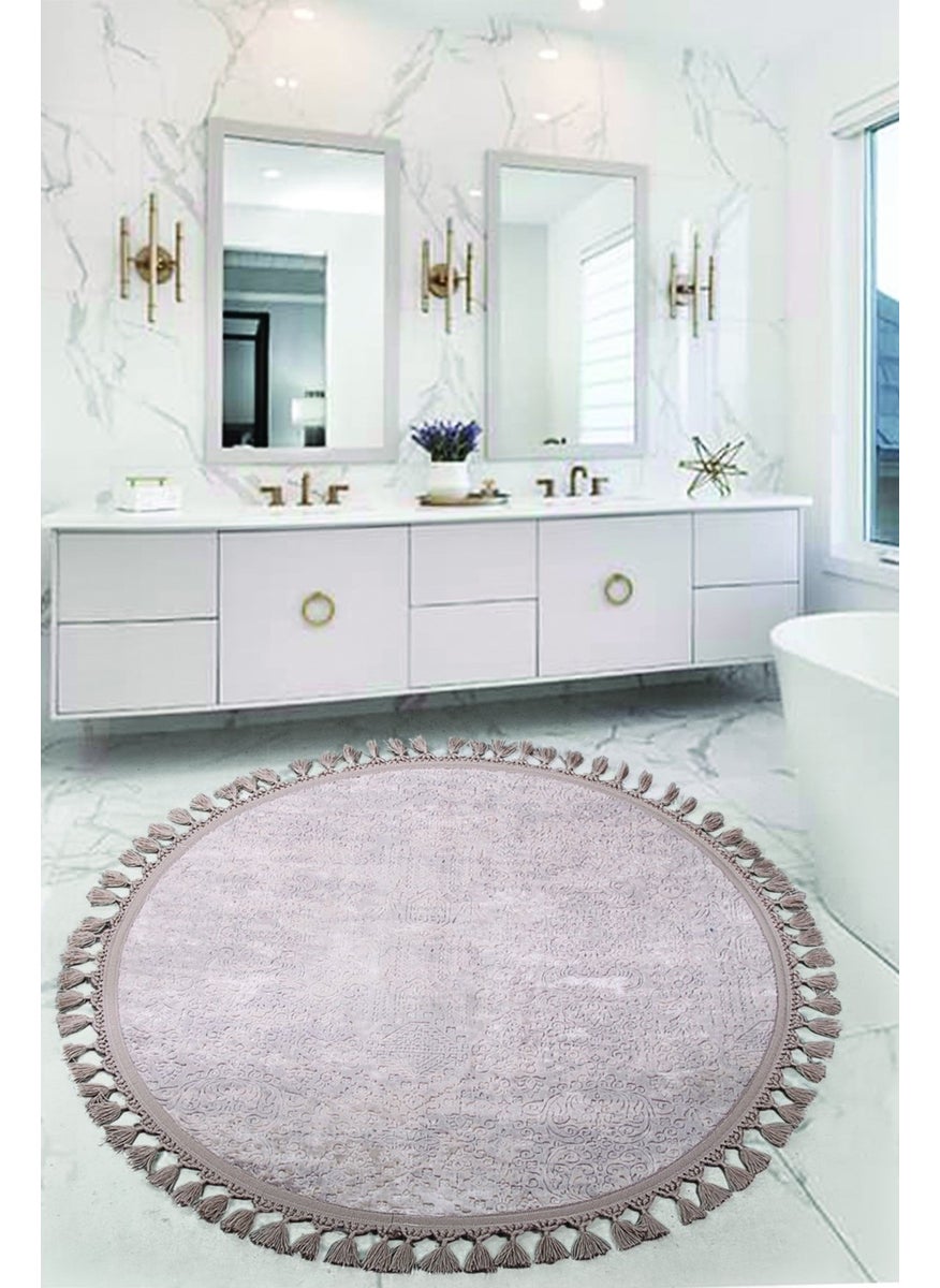 Bonny Home Nova Brown Round 100X100 cm Pompom Fringed Non-Slip Based Machine Washable Bath Mat  - Image 1