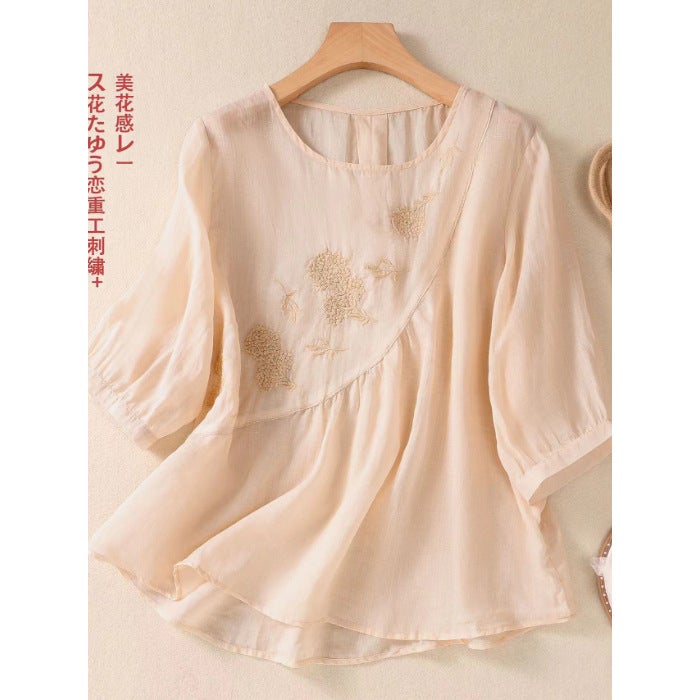 Cotton And Linen Artistic Style Embroidered Cotton And Linen Shirt Women'S Summer Large Size Age-Reducing Top - Image 1