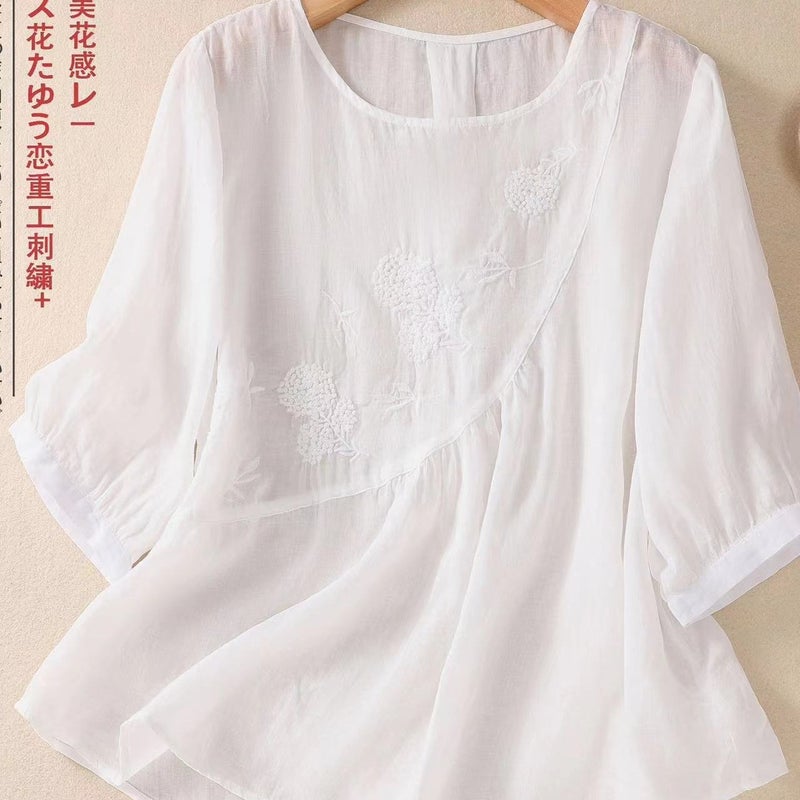 Cotton And Linen Artistic Style Embroidered Cotton And Linen Shirt Women'S Summer Large Size Age-Reducing Top - Image 5