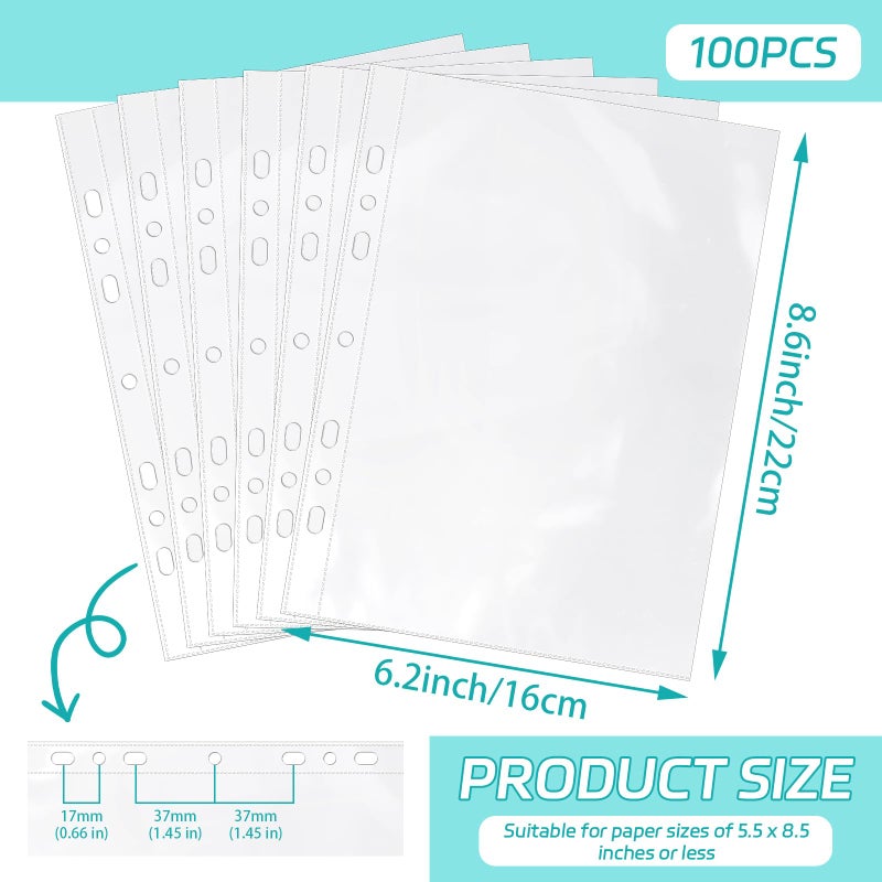 VOKOY 100 Pack 5.5x8.5 Inch Sheet Protectors for 3 or 6 Ring A5 Binder, Half Letter Size 7 Holes Mini Heavy-Duty Sheet Protector Sleeves Crystal Clear Playbill Binder Pockets - Image 2