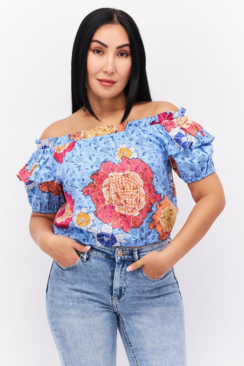 INC Women Off Shoulder Short Sleeve Allover Printed Top, Blue Combo - Image 1