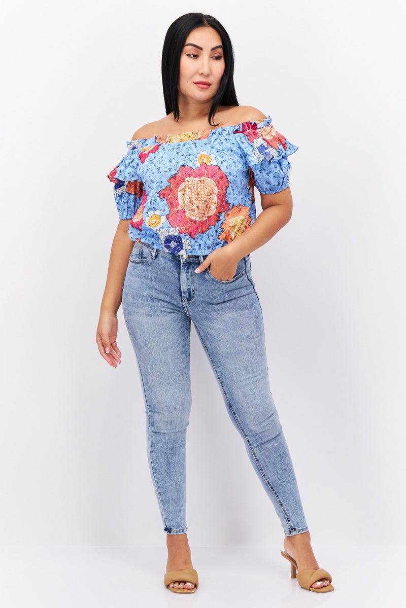 INC Women Off Shoulder Short Sleeve Allover Printed Top, Blue Combo - Image 4