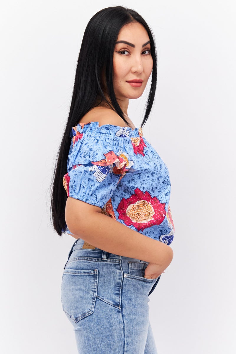 INC Women Off Shoulder Short Sleeve Allover Printed Top, Blue Combo - Image 2