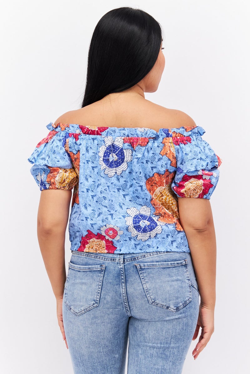 INC Women Off Shoulder Short Sleeve Allover Printed Top, Blue Combo - Image 3