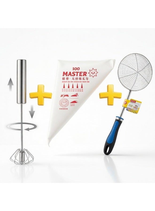 Professional 3-in-1 Kitchen Set- Super Turbo Stainless Steel Whisk - Premium Long-Lasting Oil Strainer - 100-Piece Luxury Pastry Bags Pack (The Golden Savings Deal) - Image 1