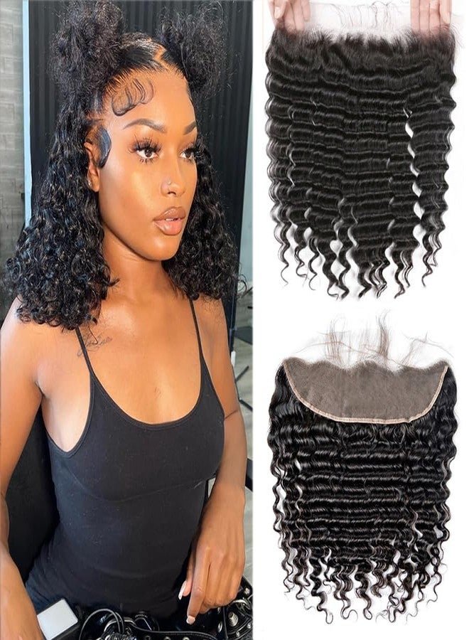 GYAJEP 13x4 HD Lace Frontal Human Hair Deep Wave Lace Frontal 100% Raw Virgin Human Hair Free Part 13x4 Lace Closure Natural Color 12 Inch - Image 1