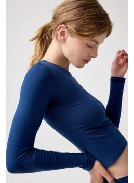 Los Ojos x Melodi Navy Blue Long Sleeve Short Blouse Long Fitted  - Image 2