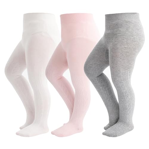 hakugoo Baby Tights Toddler Cable Knit Leggings 3 Pack Cotton Seamless Stockings Pantyhose 0-3 Months for Baby Girl Toddlers Girls Newborn Infants(White+Pink+Light Grey, 0-6 Months) - Image 1