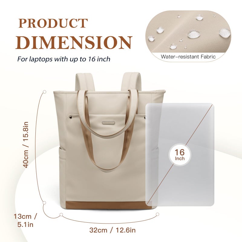 GOLF QUALITY Convertible Laptop Backpack for Women Men Carry on Tote Backpack Teacher Bookbag for College Work Nurse Travel Leisure,16 Inch,Apricot - Image 5