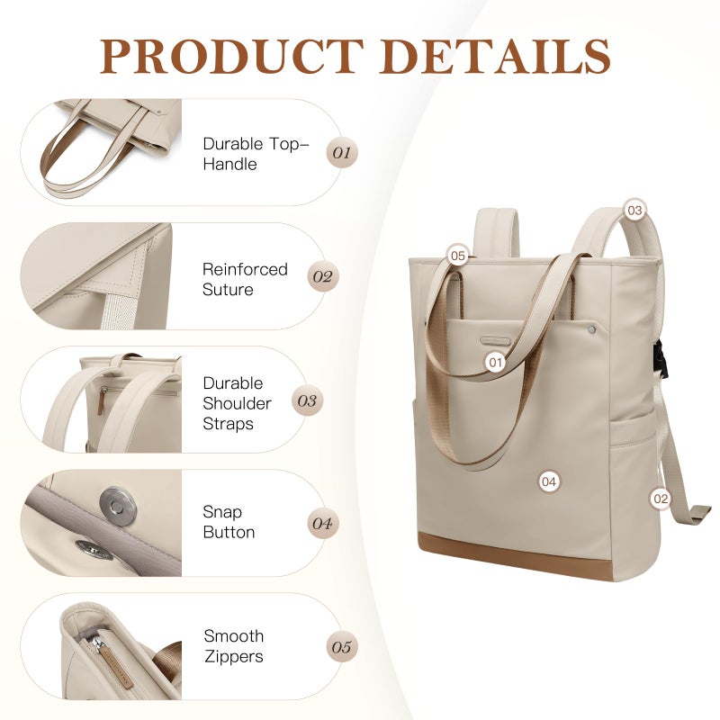GOLF QUALITY Convertible Laptop Backpack for Women Men Carry on Tote Backpack Teacher Bookbag for College Work Nurse Travel Leisure,16 Inch,Apricot - Image 4
