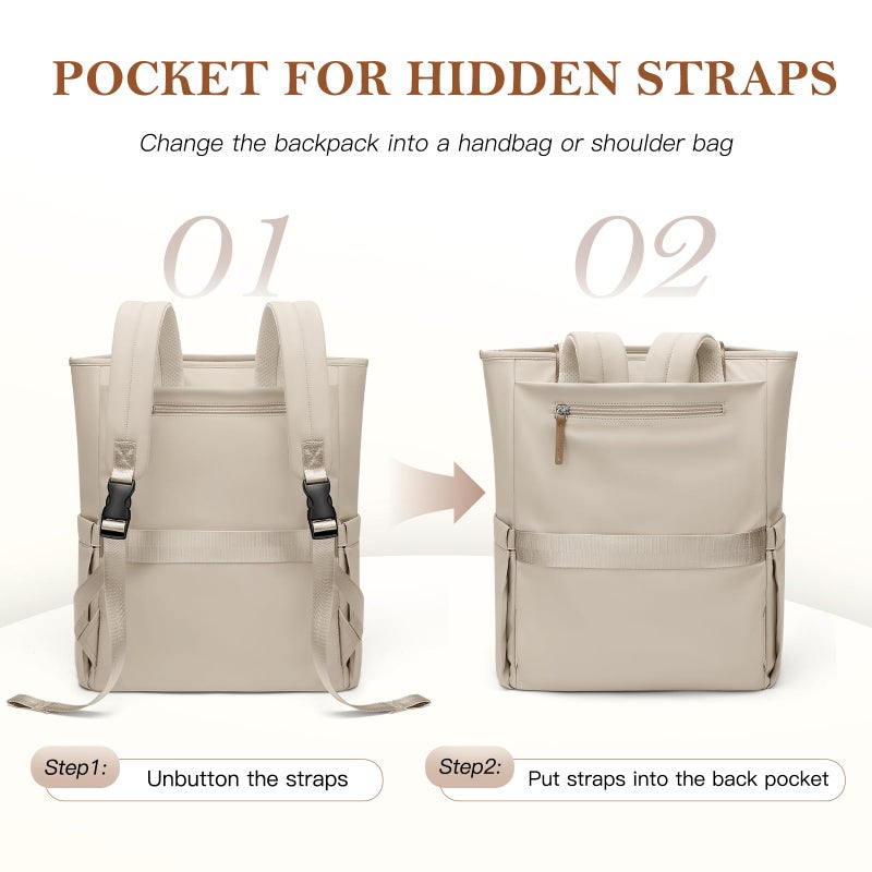GOLF QUALITY Convertible Laptop Backpack for Women Men Carry on Tote Backpack Teacher Bookbag for College Work Nurse Travel Leisure,16 Inch,Apricot - Image 3
