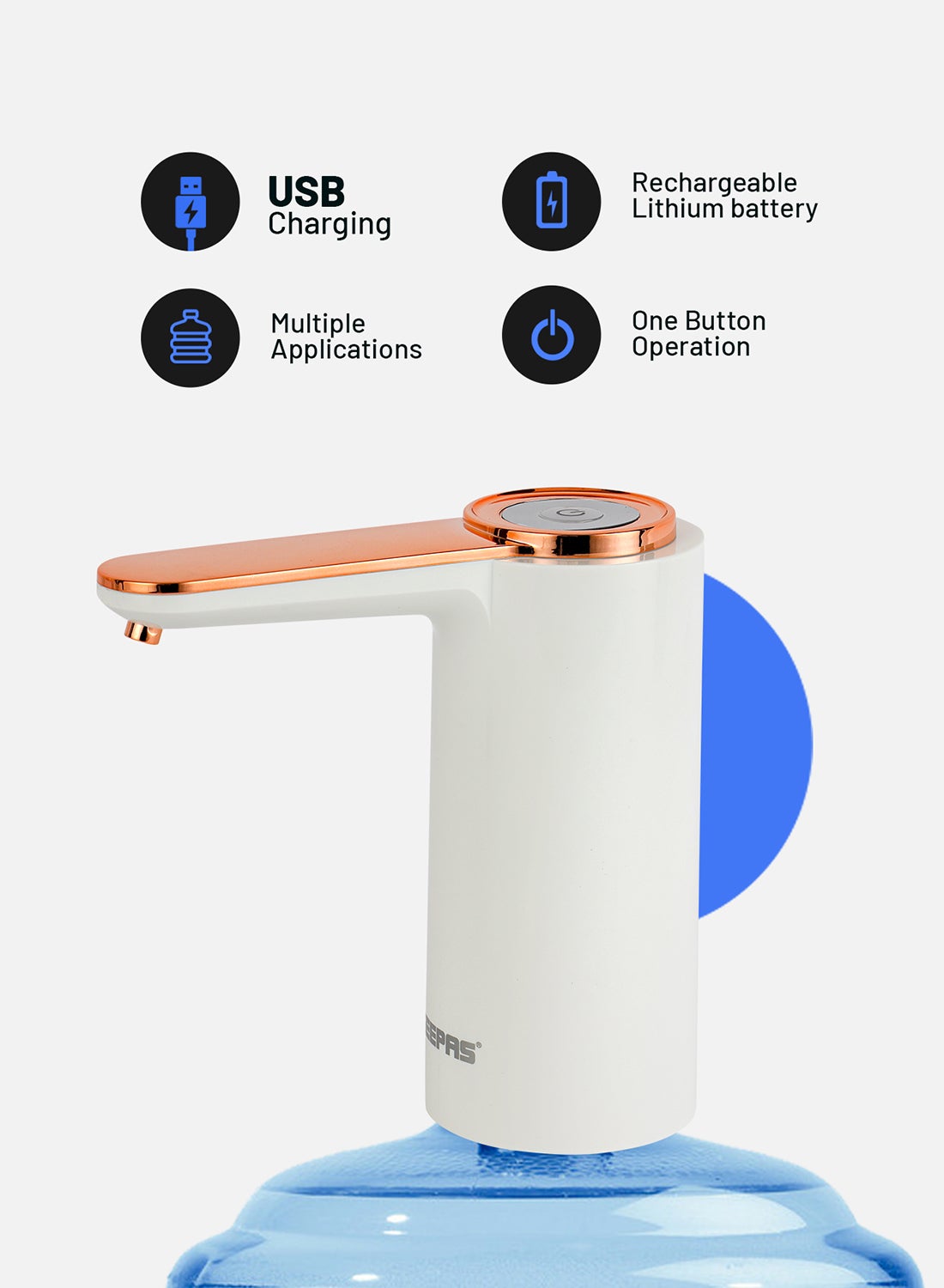 Rechargeable Water Pump For Water Gallon, Portable And Light-Weight With Easy One Touch Mechanism And USB Charging, Can Be Used At Home And Office White/Rose Gold