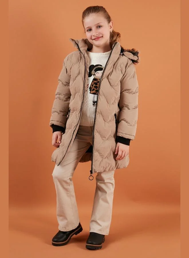 ليلا معطف شتوي بغطاء رأس قابل للإزالة بياقة من الفرو الصناعي مبطن بالقطيفة للبنات