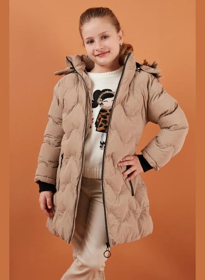 ليلا معطف شتوي بغطاء رأس قابل للإزالة بياقة من الفرو الصناعي مبطن بالقطيفة للبنات