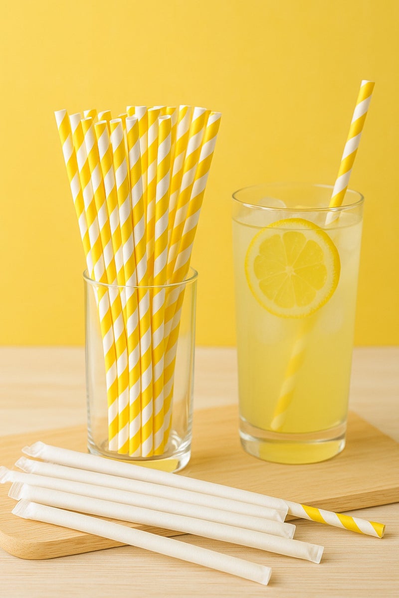 بار بروس مصاصات ورقية صديقة للبيئة، مخططة باللونين الأصفر والأبيض، قطر 6 ملم × طول 195 ملم، عبوة من 250 قطعة - Image 3