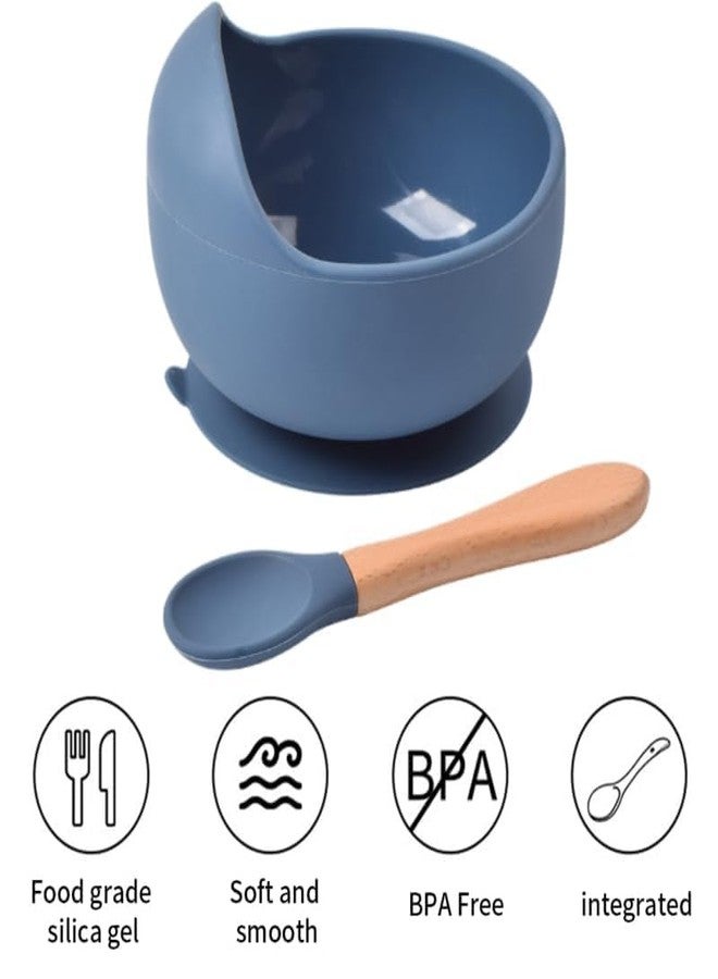 Takositio Takositio Baby Bowls, Dinner Bowl and Wooden Handle Spoon for Eating Training, Silicone Dinnerware for Beginners, Small Mixing Bowls, First Stage Self Feeding Utensils (Dark Blue) - Image 4