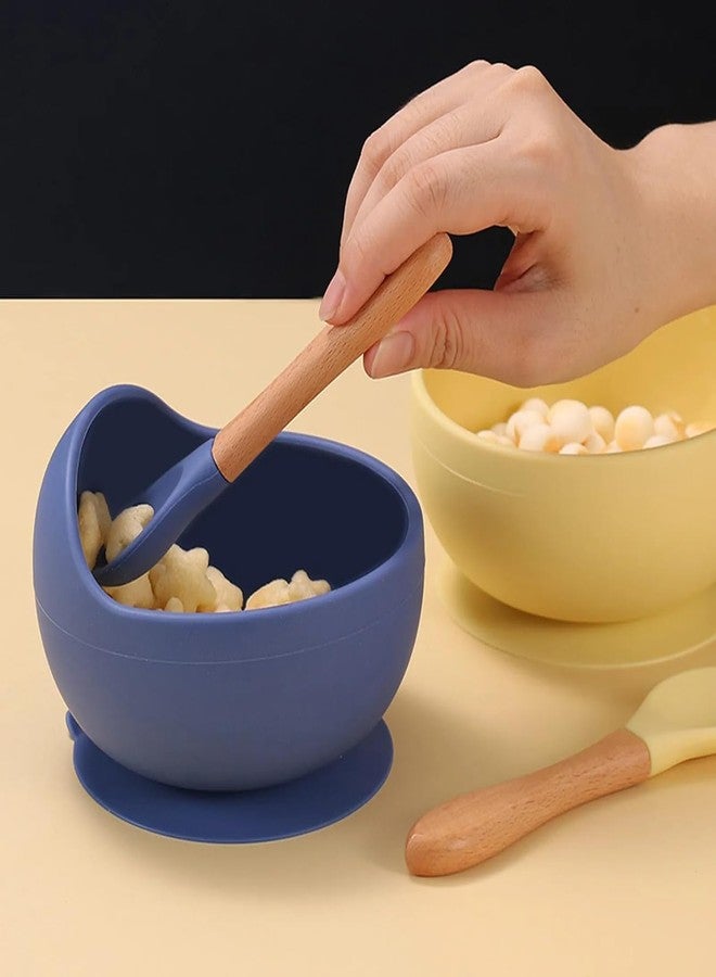 Takositio Takositio Baby Bowls, Dinner Bowl and Wooden Handle Spoon for Eating Training, Silicone Dinnerware for Beginners, Small Mixing Bowls, First Stage Self Feeding Utensils (Dark Blue) - Image 3