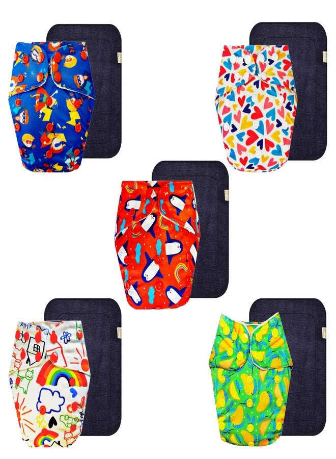 حفاضات قماشية فاخرة من دمبلدو مع حشوة سوداء (عبوة من 5) | مضادة للحساسية | مانعة للتسرب | أزرار كبس قابلة للتعديل | تغيير حفاضات بدون قلق | من 3 أشهر إلى 3 سنوات | للجنسين - Image 1