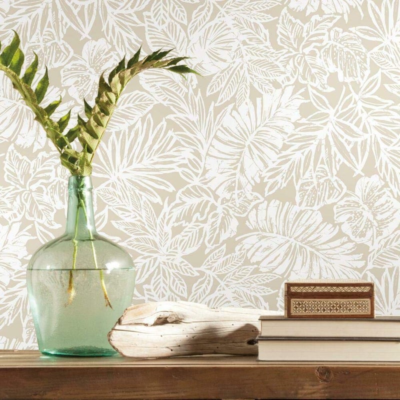 RoomMates RMK11435WP Beige Batik Tropical Leaf Peel and Stick Wallpaper Roll