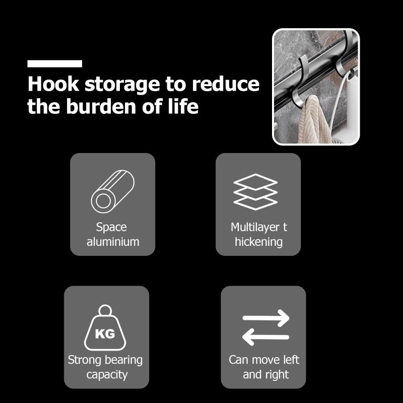 Movable Black Aluminum Bathroom Storage Hook Set With 3 High Low Towel Hangers - Image 4