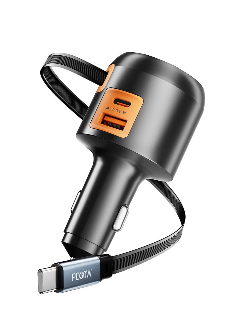 تونوف شاحن سيارة قابل للسحب، شاحن سيارة سريع الشحن بقوة 30 واط بتقنية PD، كابلات من النوع C قابلة للسحب، منفذ USB-A واحد ومنفذان USB-C، لأجهزة أبل وأندرويد اللوحية وغيرها من الأجهزة - Image 1