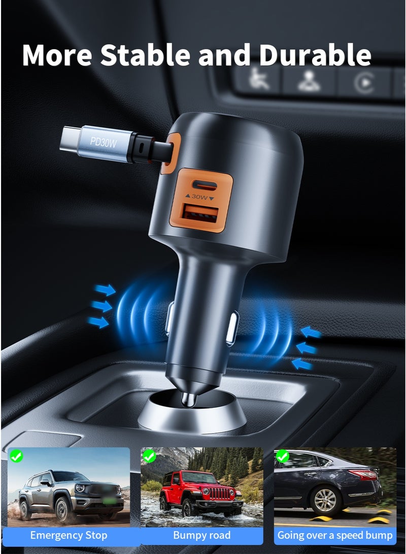 تونوف شاحن سيارة قابل للسحب، شاحن سيارة سريع الشحن بقوة 30 واط بتقنية PD، كابلات من النوع C قابلة للسحب، منفذ USB-A واحد ومنفذان USB-C، لأجهزة أبل وأندرويد اللوحية وغيرها من الأجهزة - Image 2