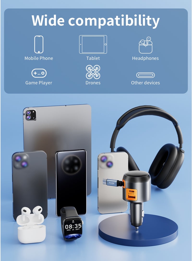 تونوف شاحن سيارة قابل للسحب، شاحن سيارة سريع الشحن بقوة 30 واط بتقنية PD، كابلات من النوع C قابلة للسحب، منفذ USB-A واحد ومنفذان USB-C، لأجهزة أبل وأندرويد اللوحية وغيرها من الأجهزة - Image 3