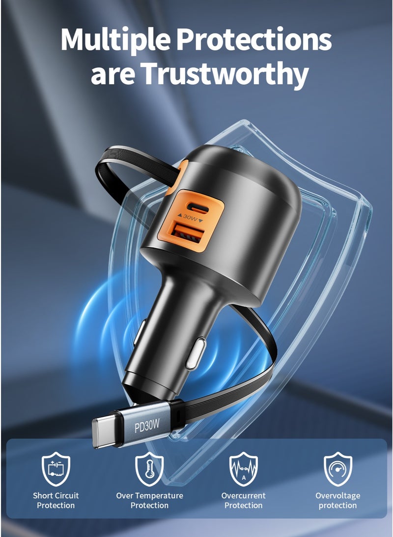 تونوف شاحن سيارة قابل للسحب، شاحن سيارة سريع الشحن بقوة 30 واط بتقنية PD، كابلات من النوع C قابلة للسحب، منفذ USB-A واحد ومنفذان USB-C، لأجهزة أبل وأندرويد اللوحية وغيرها من الأجهزة - Image 4