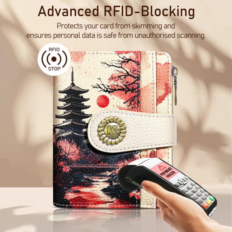 Kelvoris Japanese Sunset Goth Small Rfid Women Wallet Bifold Zipper Coin Pocket PU Leather Compact Cash Credit Card Holder Travel Wallet for Female Ladies Teen Girls 1 ID Window 10 Card Slots - Image 3