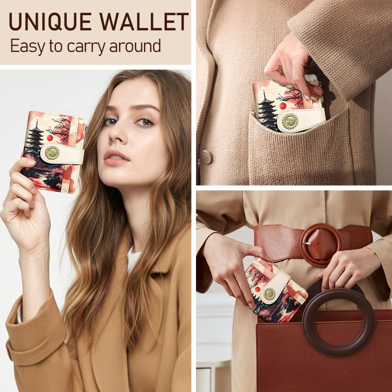 Kelvoris Japanese Sunset Goth Small Rfid Women Wallet Bifold Zipper Coin Pocket PU Leather Compact Cash Credit Card Holder Travel Wallet for Female Ladies Teen Girls 1 ID Window 10 Card Slots - Image 2