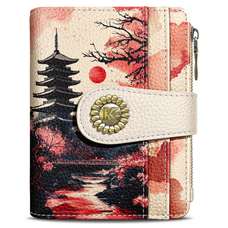 Kelvoris Japanese Sunset Goth Small Rfid Women Wallet Bifold Zipper Coin Pocket PU Leather Compact Cash Credit Card Holder Travel Wallet for Female Ladies Teen Girls 1 ID Window 10 Card Slots - Image 1