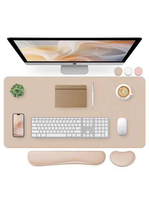 Leather Desk Pad And Keyboard Wrist Rest, Large Mouse Pad + Keyboard Pad+Mouse Wrist Support, Non-Slip Desk Mat Protector For Office, Home(31.5×15.7 Inches,Beige)
