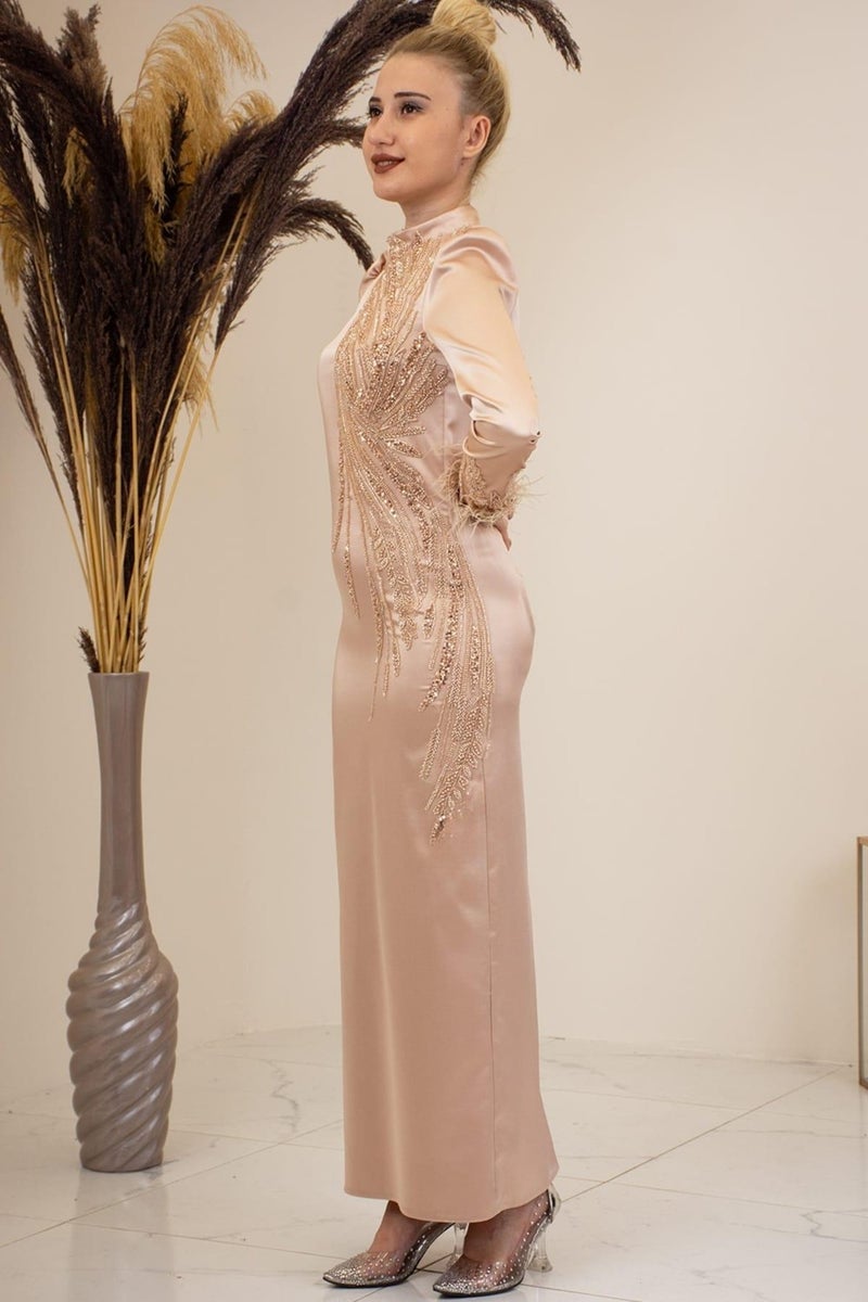 Esilanur Front Beaded Applique Embroidery Sleeves Feathered Nara Hijab Evening Dress Gold  - Image 2
