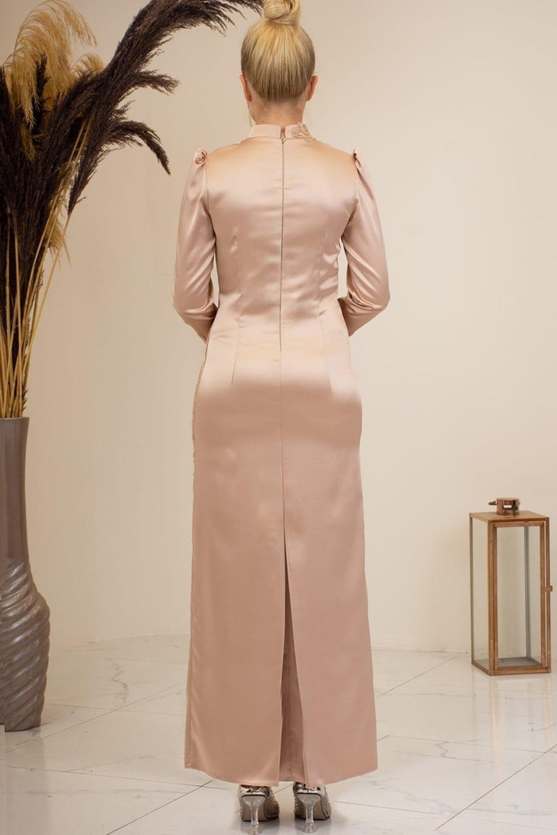 Esilanur Front Beaded Applique Embroidery Sleeves Feathered Nara Hijab Evening Dress Gold  - Image 3