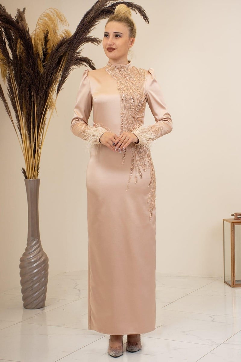 Esilanur Front Beaded Applique Embroidery Sleeves Feathered Nara Hijab Evening Dress Gold  - Image 1