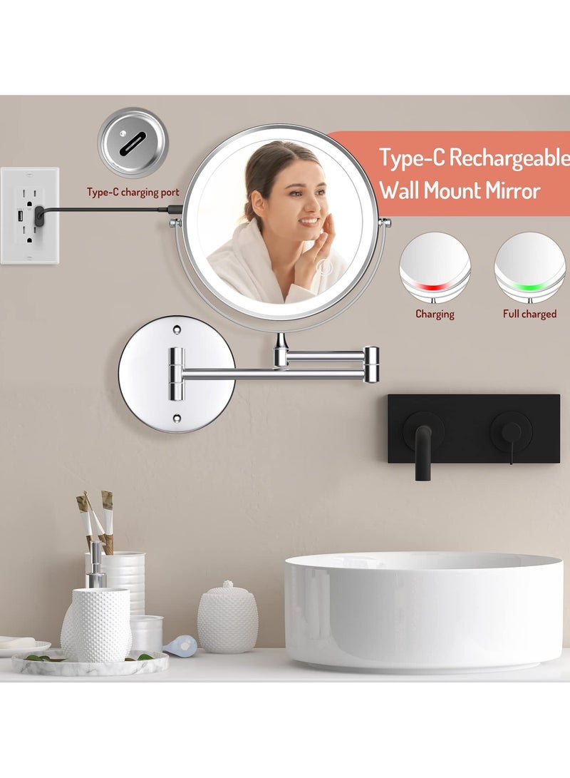 اكسيسن مراة مكياج مضيئة قابلة لاعادة الشحن تثبت على الحائط 8 انش، مراة حمام مكبرة 1X 10X، اضاءة 3 الوان، شاشة تعمل باللمس، ذراع ممتد دوران 360 درجة، مراة مضيئة للحلاقة - Image 2