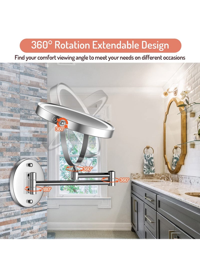 اكسيسن مراة مكياج مضيئة قابلة لاعادة الشحن تثبت على الحائط 8 انش، مراة حمام مكبرة 1X 10X، اضاءة 3 الوان، شاشة تعمل باللمس، ذراع ممتد دوران 360 درجة، مراة مضيئة للحلاقة - Image 3
