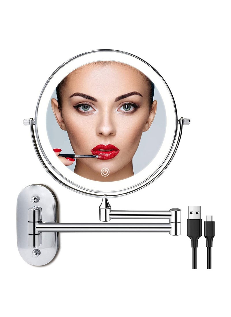 XICEN - Rechargeable Wall Mounted Lighted Makeup Vanity Mirror 8 Inch Double Sided 1X 10X Magnifying Bathroom Mirror 3 Color Lighting Touch Screen Dimming, Extended Arm 360 Rotation Shaving Light up Mirror - Image 1
