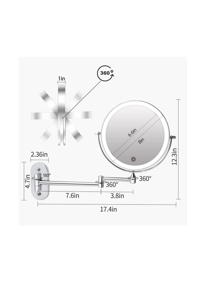 XICEN - Rechargeable Wall Mounted Lighted Makeup Vanity Mirror 8 Inch Double Sided 1X 10X Magnifying Bathroom Mirror 3 Color Lighting Touch Screen Dimming, Extended Arm 360 Rotation Shaving Light up Mirror - Image 1