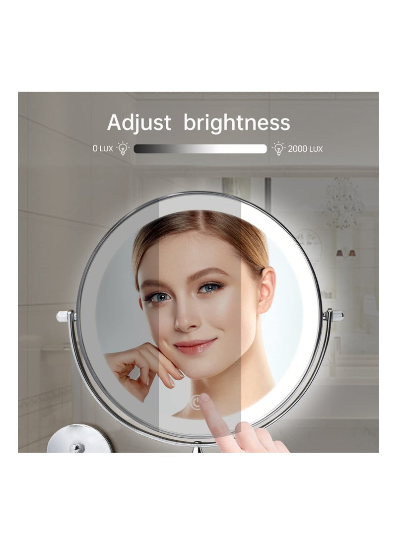 XICEN - Rechargeable Wall Mounted Lighted Makeup Vanity Mirror 8 Inch Double Sided 1X 10X Magnifying Bathroom Mirror 3 Color Lighting Touch Screen Dimming, Extended Arm 360 Rotation Shaving Light up Mirror - Image 1